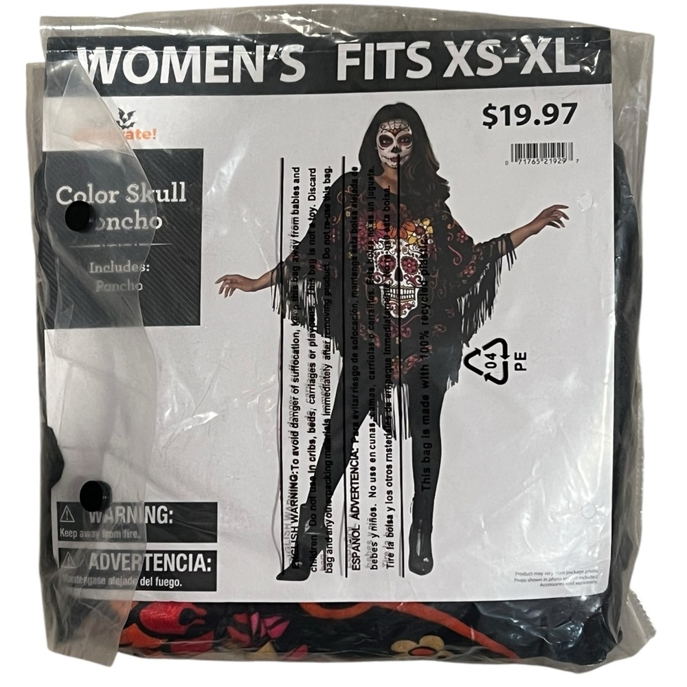 Women’s Skull Fringe Poncho – One Size Fits XS–XL – Day of the Dead / Halloween - Picture 2 of 3